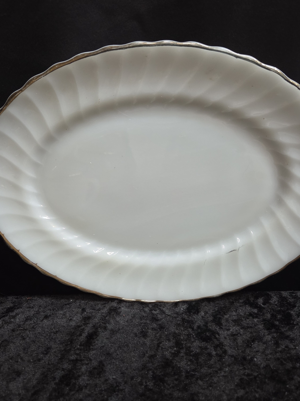 Vintage Anchor Hocking Fire King Milk Glass Swirl Serving Dish Platter Gold Rim